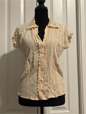 Women's Cream Lace-Trim Button Front Top